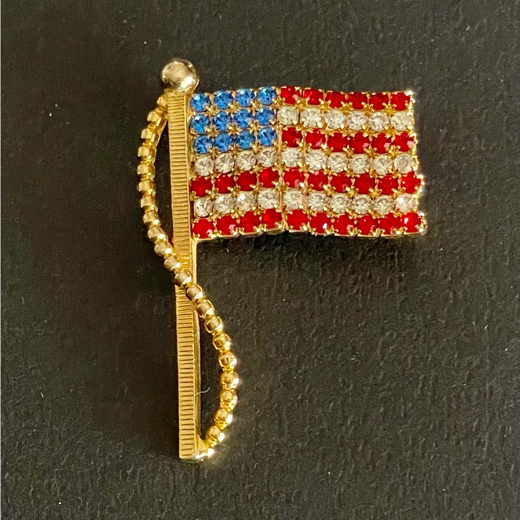 Vintage Rafaelian Goldtone And Rhinestone Usa Flag Brooch